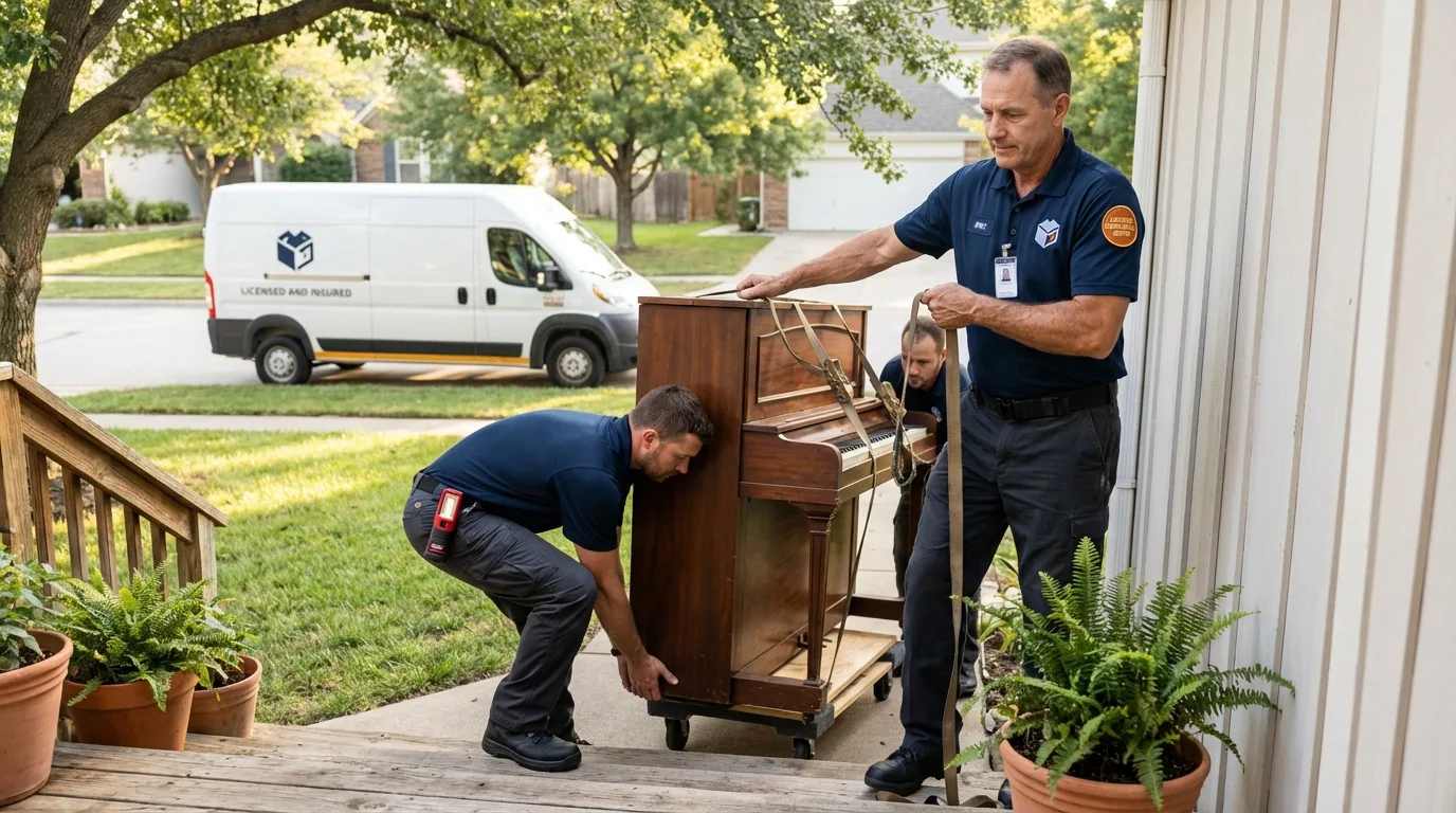 Licensed piano movers securing grand piano in Edenton, NC