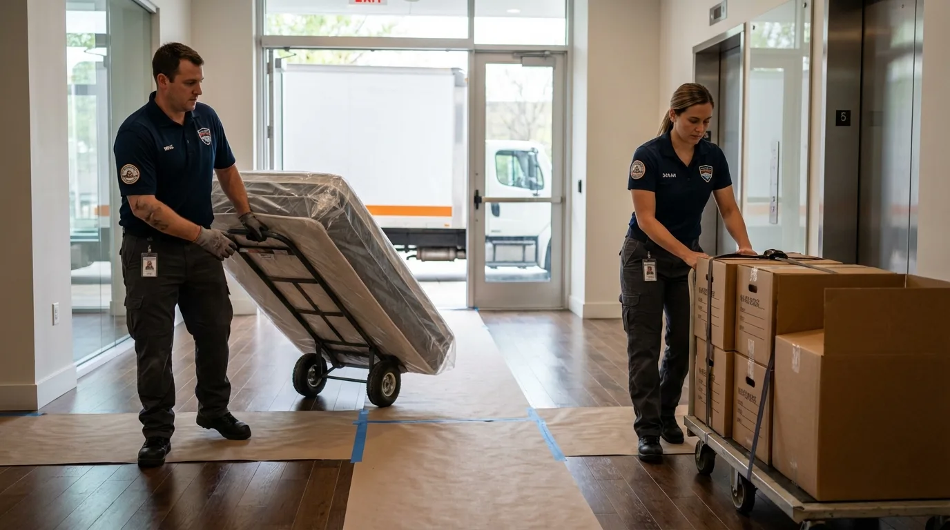 Professional apartment movers loading elevator in Edenton, NC
